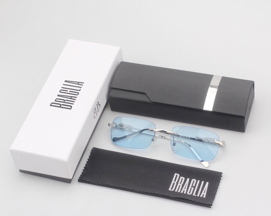 18k White Gold Giaguaro Sunglasses Sky Fall Blue Lenses