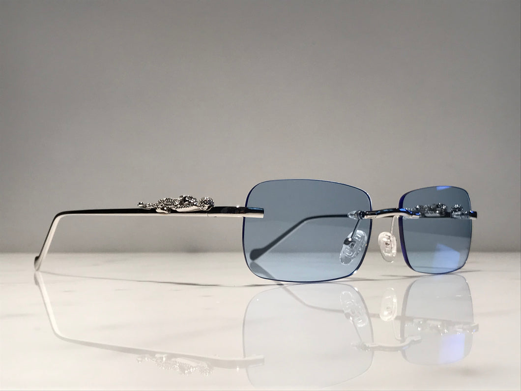 18k White Gold Giaguaro Sunglasses Sky Fall Blue Lenses